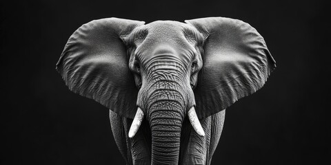 Stunning black and white image of an African elephant, showcasing the majestic beauty of this magnificent African elephant in its natural habitat, highlighting its intricate features and textures.