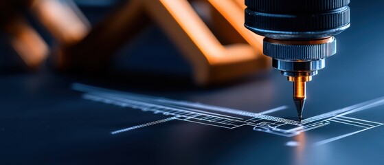 Close-up of a precision pen marking on blueprint with tools in the background.