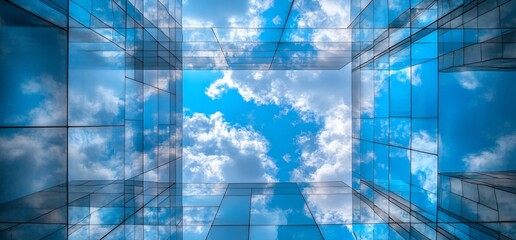 Obraz premium A view of the sky reflected in modern glass buildings.