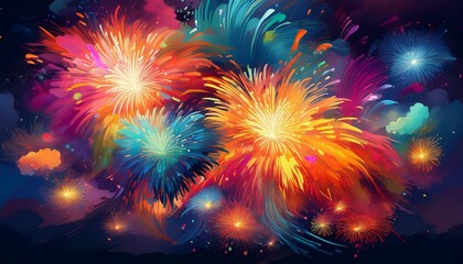 Brilliant fireworks exploding in a dazzling display of vibrant colors against the night sky.