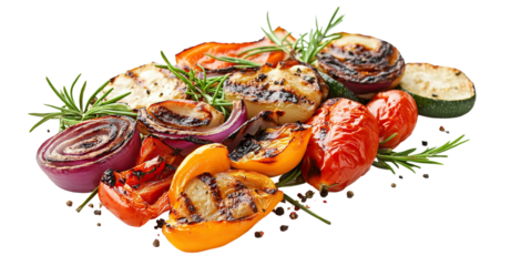 Set of grilled vegetables with rosemary seasoning, isolated on transparent cutout background
