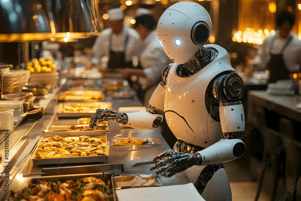 Poster robot serving food in a modern buffet setting with chefs working in the background, showcasing advan