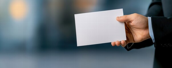 Hand holding a blank card for branding, marketing, or personal use in a modern setting.