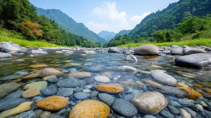 Tranquil River Scene with Clear Water and Colorful Stones in Nature