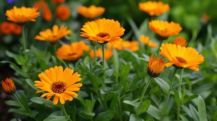 Vibrant Orange Calendula Flowers in a Lush Garden
