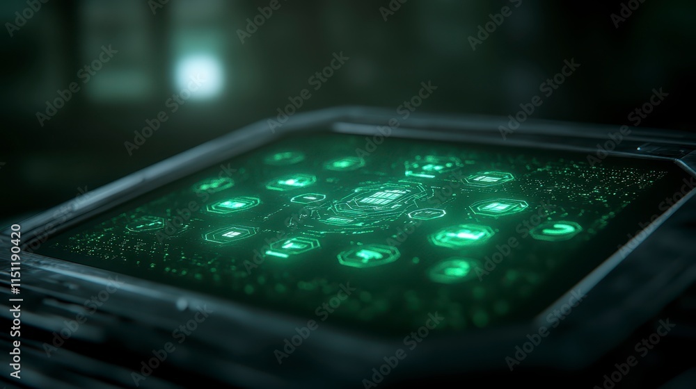 Poster a futuristic, glowing green interface displaying intricate symbols and patterns against a dark backg