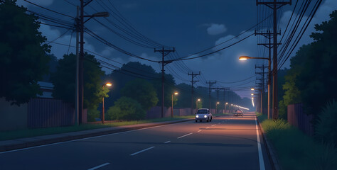 A serene night scene unfolds in a quiet suburban neighborhood, where a dimly lit street stretches into the distance. Rows of towering apartment buildings line both sides of the road
