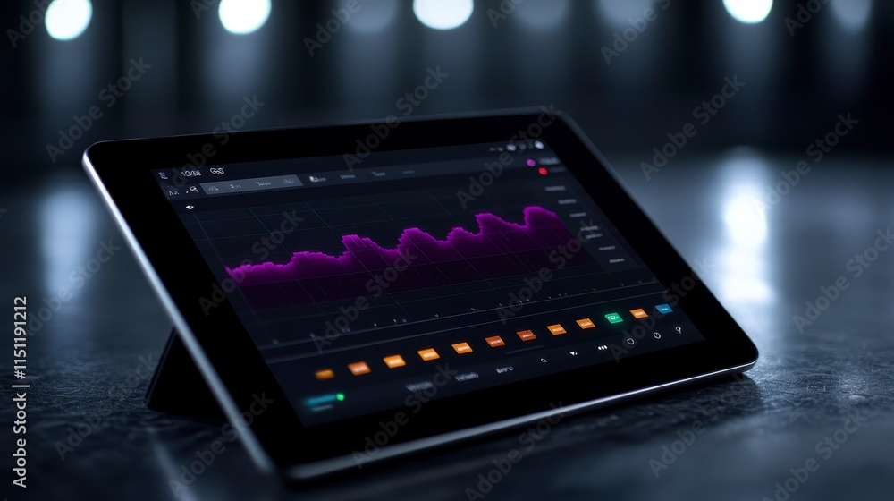 Poster a sleek tablet displaying an analytical graph with colorful data points, set against a blurred backg