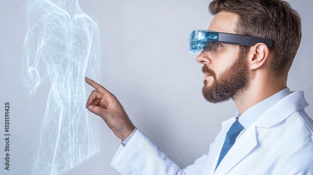 Poster a man in a lab coat uses augmented reality glasses to interact with a 3d hologram of a human body.