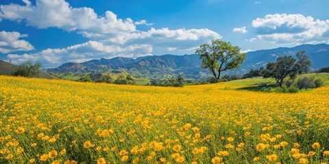 Fototapeta premium Vibrant mustard flowers blooming in an expansive field create a stunning visual that you will truly appreciate. These beautiful mustard flowers brighten any landscape with their charm.