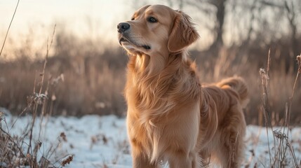 A golden retriever standing tall, bright eyes, perfect coat color contrast on white