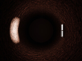 Inside a tall round brick tower with a single window.