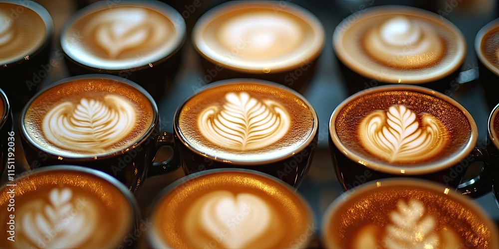 Poster abstract blurred background showcasing a variety of coffee latte art. this composition highlights di