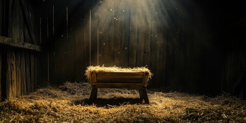 Rustic wooden manger placed in a dimly lit barn, surrounded by hay on the ground, symbolizes the birthplace concept of Jesus. The old wooden manger evokes a sense of history and tradition.