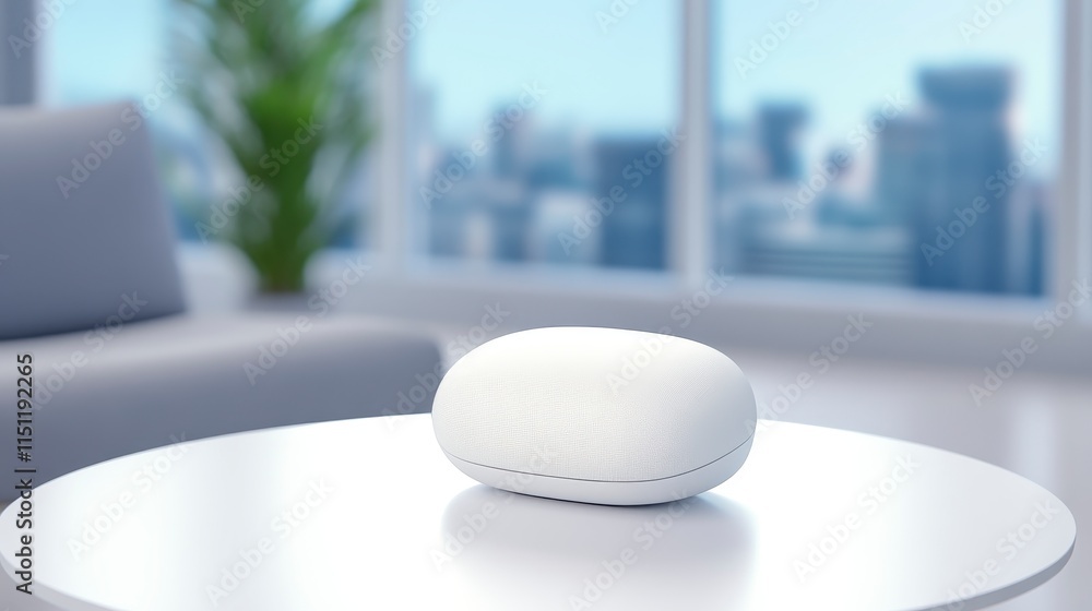 Poster a sleek white device sits on a table in a modern room, surrounded by a cityscape view through large 