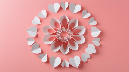 Circular pattern made of paper hearts, gently arranged on a soft pink background.