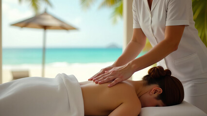 Relaxing beachside massage experience with a professional spa therapist by the ocean.