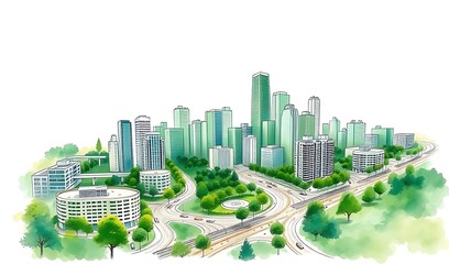 Vibrant Cityscape Watercolor Illustration. AI Generated