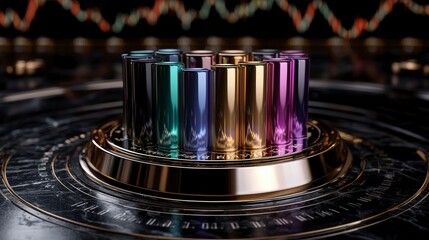 Fototapeta premium Colorful Cylinders on Gold Platform Stock Market Chart Background