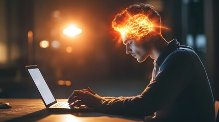 Intermittent Fasting and Brain Focus. A focused individual using a laptop, with a creative explosion of ideas visualized above their head.