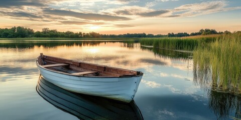 Fototapeta premium Stunning summer landscape featuring a boat at the water s edge, capturing beautiful reflections in the water, creating a serene summer landscape perfect for relaxation and enjoyment.