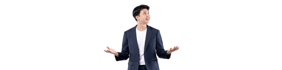 A man in a suit is standing in front of a white background