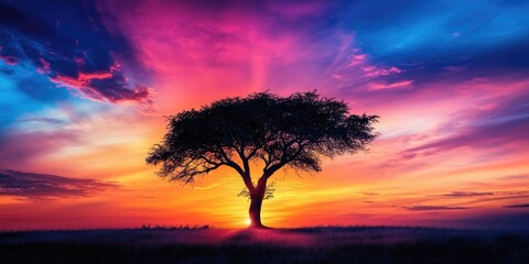 Panoramic silhouette of a tree during sunset, showcasing a stunning tree silhouetted against a vibrant sky. The lovely sunset highlights the beauty of the savanna landscape with vivid colors.