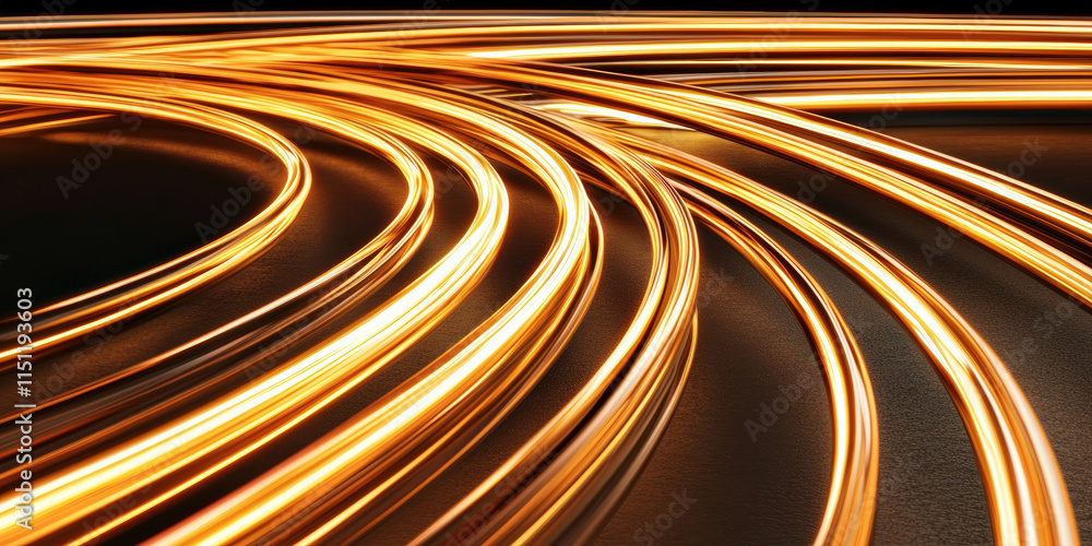 Poster a dynamic abstract image featuring flowing golden lines on a dark background, evoking movement and e