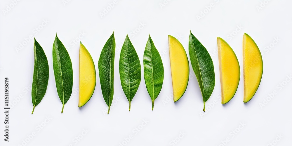 Poster fresh cut mango leaves in elongated slices displayed on a white background serve as a unique packagi