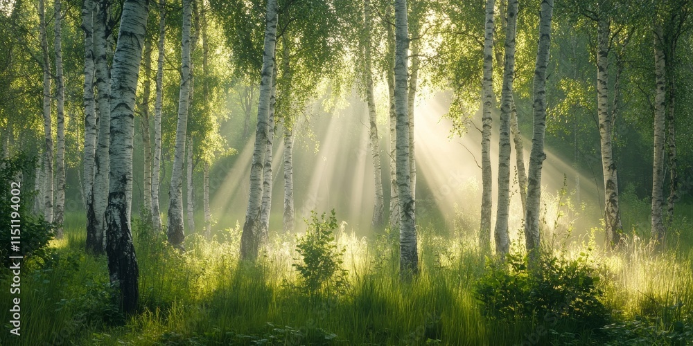Poster spring birch trees bathed in sunlight create a stunning scene, with rays filtering through the vibra