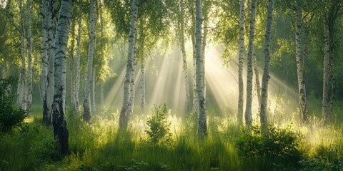 Obraz premium Spring birch trees bathed in sunlight create a stunning scene, with rays filtering through the vibrant green foliage, capturing the beauty of birch in spring and its serene morning ambiance.