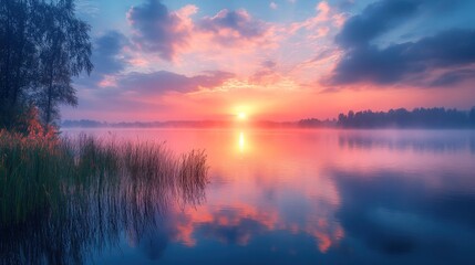 Serene sunrise over misty lake, reflected sky.