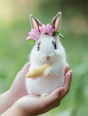 Sweet Bunny with a Corn Cob: A charming white bunny with a pink flower crown sits in a pair of hands, holding a miniature corn cob.
