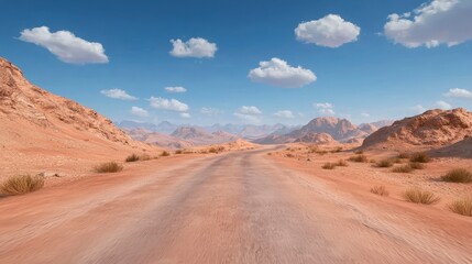 Desert Road  Scenic Mountain Landscape  Sunlit Sky  Travel Adventure