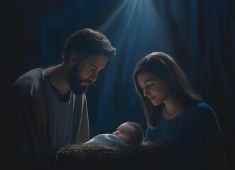 Holy Family Nativity Scene: A modern interpretation of the Holy Family, Mary, Joseph, and baby Jesus, bathed in soft, ethereal light. A serene and reverent image perfect for Christmas cards.