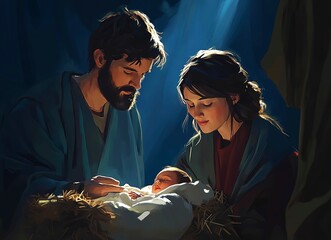 Holy Family Portrait: A touching and tender depiction of the Holy Family, Mary, Joseph, and the infant Jesus, bathed in soft, ethereal light. This heartwarming image evokes a sense of peace, love.