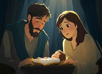 Holy Family's Tender Gaze: A heartwarming illustration of Mary, Joseph, and baby Jesus, radiating serenity and love in a softly lit manger scene.