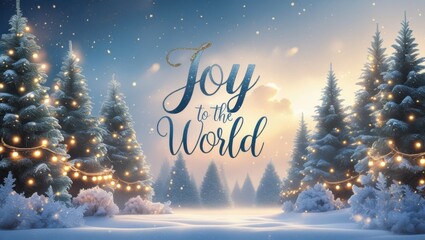 A festive holiday background for a Christmas greeting card or banner featuring a serene winter wonderland scene with snow-covered evergreen trees, adorned with twinkling string lights, and surrounded 