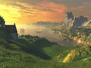 Serene Coastal Village at Sunset:  A picturesque village nestled on the edge of a tranquil bay, bathed in the warm glow of a setting sun, with distant ships sailing on the horizon.