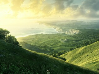 Coastal Sunrise Panorama: Serene landscape photography showcasing rolling green hills descending to a picturesque coastline, bathed in the warm glow of a sunrise.