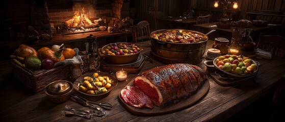Fototapeta premium Rustic Farmhouse Feast Roasted Meat Potatoes Fruit Vegetables
