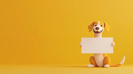 Obraz premium Cheerful Cartoon Dog Holding Blank Sign Bright Yellow Background Whimsical Illustrative Style Playful Concept