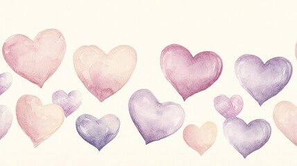 Soft watercolor hearts transitioning from pink to lavender on a light cream backdrop.