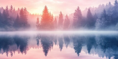 Naklejka premium Misty forest lake at sunrise showcases stunning symmetry reflections on the water, creating a natural mirror effect with a clear pink sky, perfect for nature lovers and environmental conservation