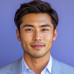 Fototapeta premium Asian man with a smile on his face is wearing a suit and a shirt in studio color background