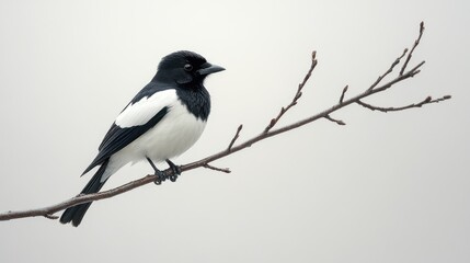 Magpie perched on a bare branch against a muted background.