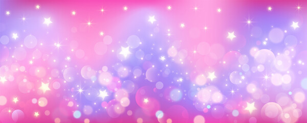 Wavy pink background. Unicorn glitter sky. Fantasy magic purple galaxy with bokeh and stars. Abstract violet kawaii backdrop.