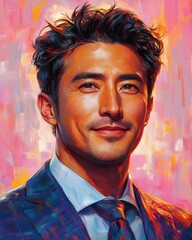 Fototapeta premium Asian man with a smile on his face is wearing a suit and a shirt in studio color background