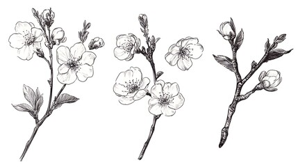 Elegant Hand-Drawn Cherry Blossom Sketches. AI Generated