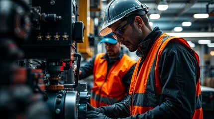 an engineer in a safety vest operating a machine, with assistants performing safety checks in a factory.